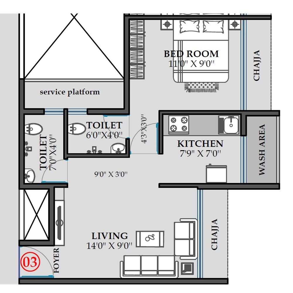 Floor plan of 1 BHK 371 Sq. Ft. Apartment in Bhagwati Elysia, Navi Mumbai