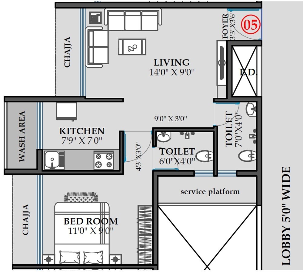 Floor plan of 1 BHK 424 Sq. Ft. Apartment in Bhagwati Elysia, Navi Mumbai
