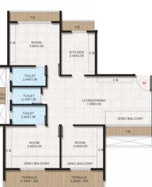 Floor plan of 3 BHK 690 Sq. Ft. Apartment in Bhagwati Greens 2, Navi Mumbai