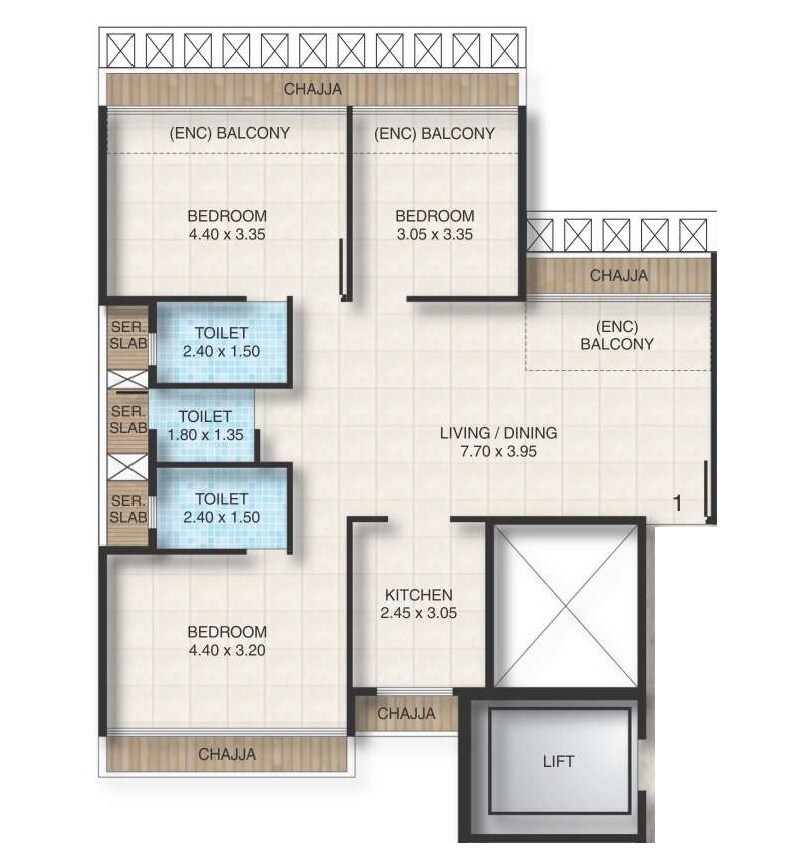 Floor plan of 3 BHK 783 Sq. Ft. Apartment in Bhagwati Greens 3, Navi Mumbai