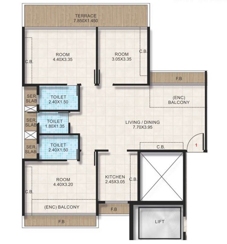 Floor plan of 3 BHK 826 Sq. Ft. Apartment in Bhagwati Greens 3, Navi Mumbai