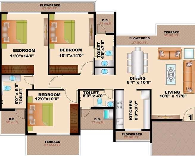 Floor plan of 3 BHK 763 Sq. Ft. Apartment in Bhagwati Greens, Navi Mumbai