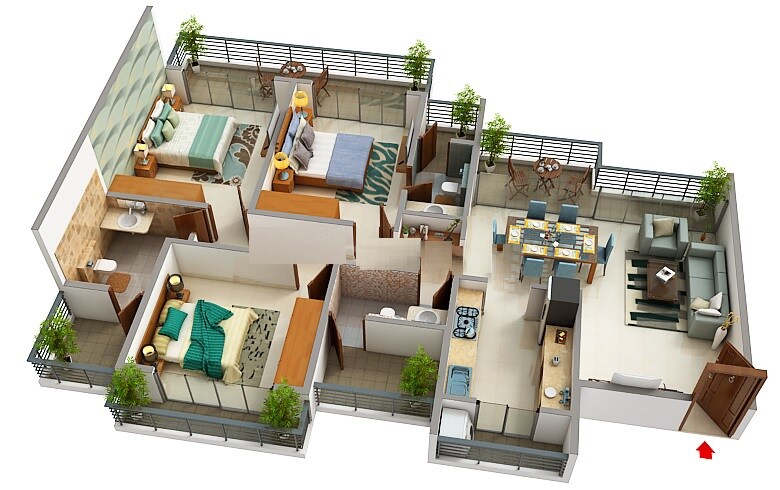 Floor plan of 3 BHK 995 Sq. Ft. Apartment in Bhagwati Greens, Navi Mumbai