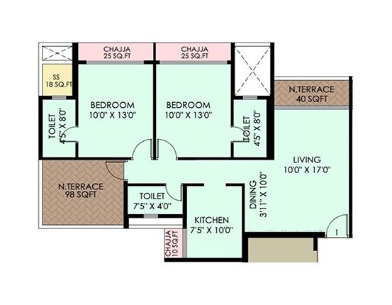 Floor plan of 2 BHK 783 Sq. Ft. Apartment in Bhagwati Luxuria, Navi Mumbai