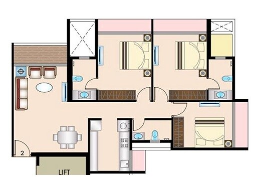 Floor plan of 3 BHK 849 Sq. Ft. Apartment in Bhagwati Luxuria, Navi Mumbai