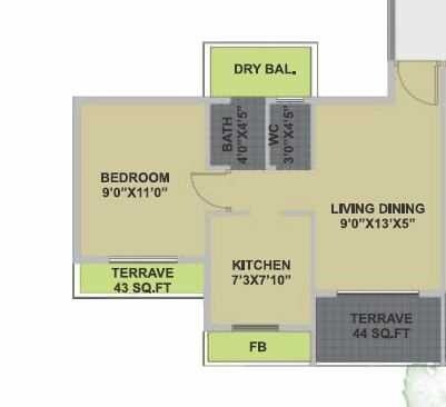 Floor plan of 1 BHK 277 Sq. Ft. Apartment in Bhairaav Goldcrest Residency, Navi Mumbai