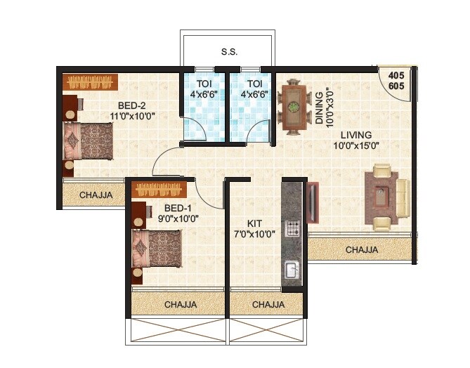 Floor plan of 2 BHK 489 Sq. Ft. Apartment in Bhakti Aura, Navi Mumbai