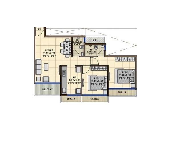 Floor plan of 2 BHK 471 Sq. Ft. Apartment in Bhaveshwar Aqua, Navi Mumbai