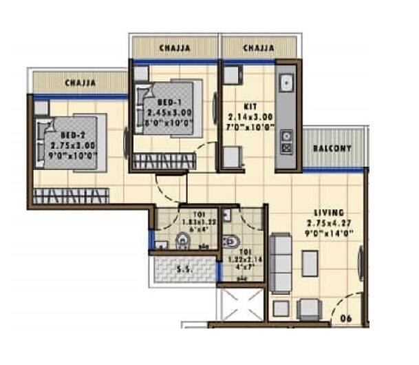 Floor plan of 2 BHK 575 Sq. Ft. Apartment in Bhaveshwar Aqua, Navi Mumbai