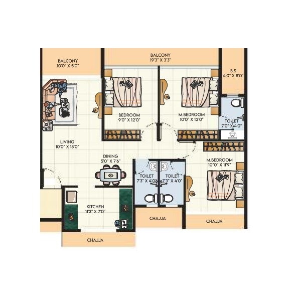 Floor plan of 3 BHK 1074 Sq. Ft. Apartment in Bhaveshwar Infinity, Navi Mumbai