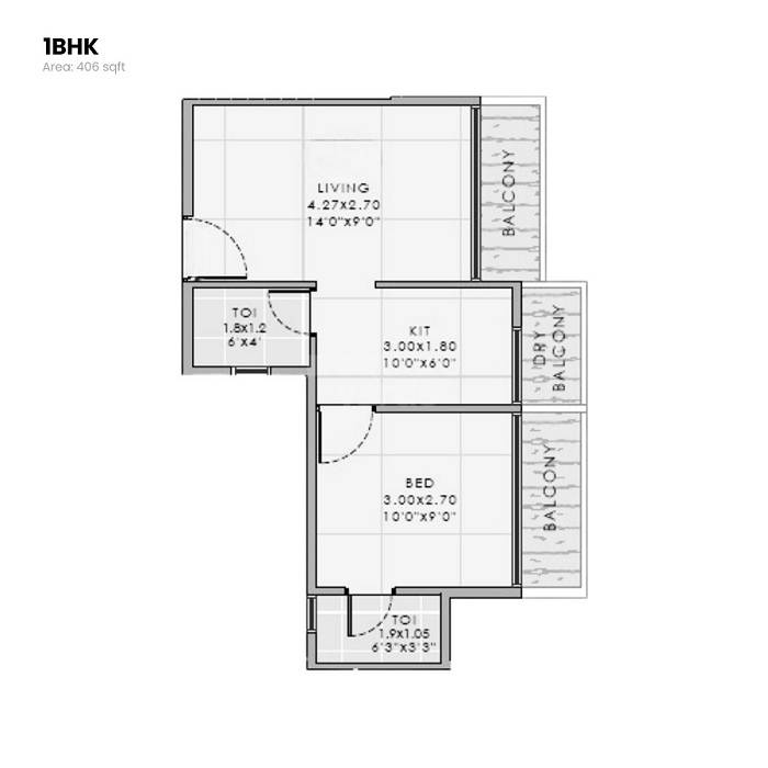 Floor plan of 1 BHK 406 Sq. Ft. Apartment in Bhaveshwar Iris, Navi Mumbai
