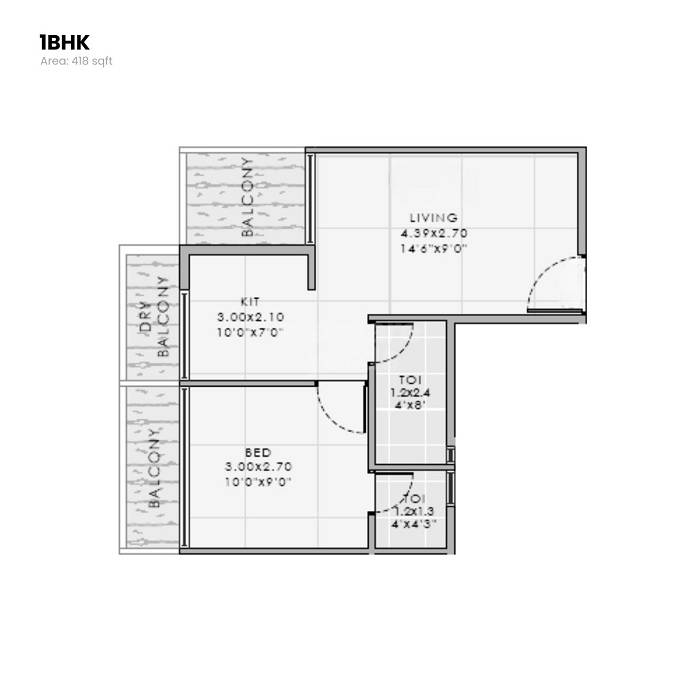 Floor plan of 1 BHK 418 Sq. Ft. Apartment in Bhaveshwar Iris, Navi Mumbai