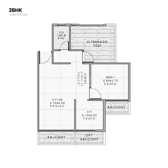 Floor plan of 2 BHK 502 Sq. Ft. Apartment in Bhaveshwar Iris, Navi Mumbai