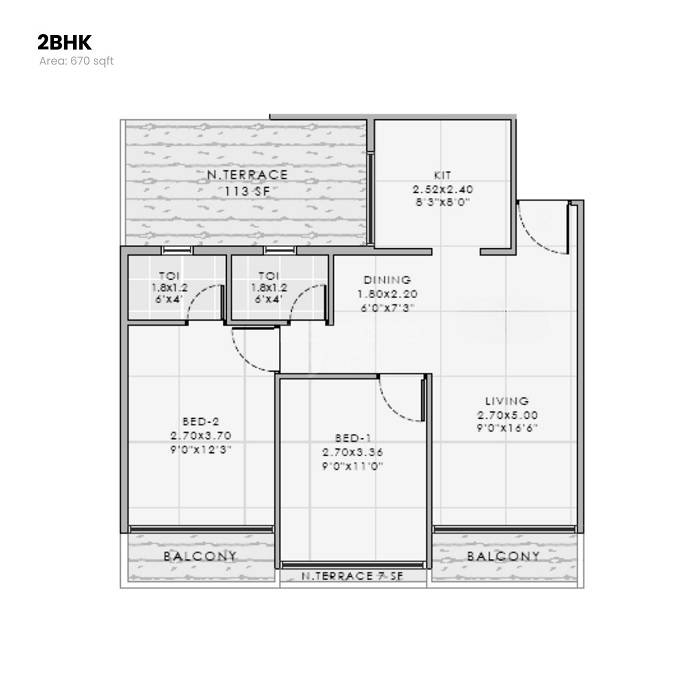 Floor plan of 2 BHK 670 Sq. Ft. Apartment in Bhaveshwar Iris, Navi Mumbai