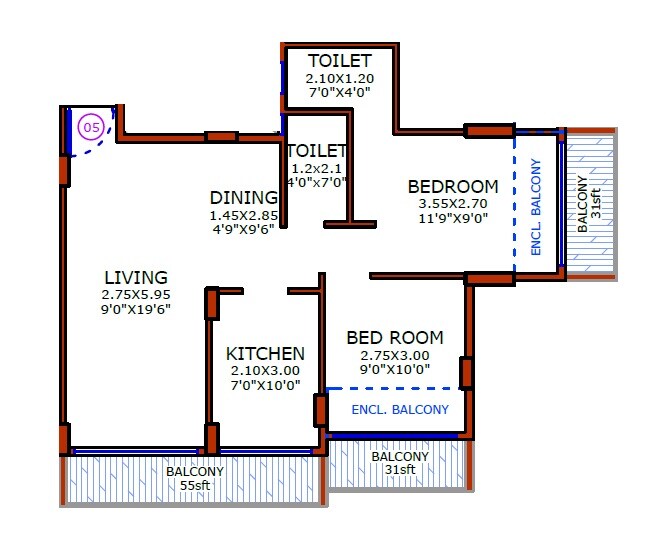 Floor plan of 2 BHK 726 Sq. Ft. Apartment in Bhaveshwar One, Navi Mumbai