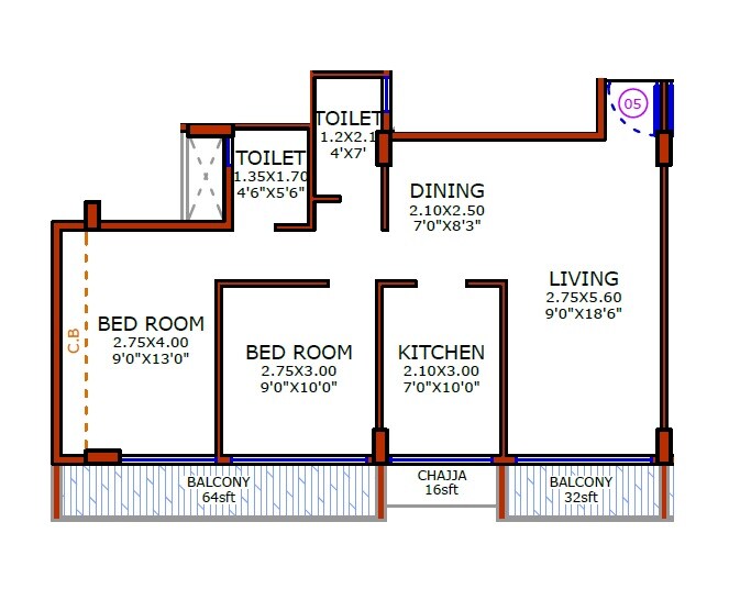 Floor plan of 2 BHK 730 Sq. Ft. Apartment in Bhaveshwar One, Navi Mumbai