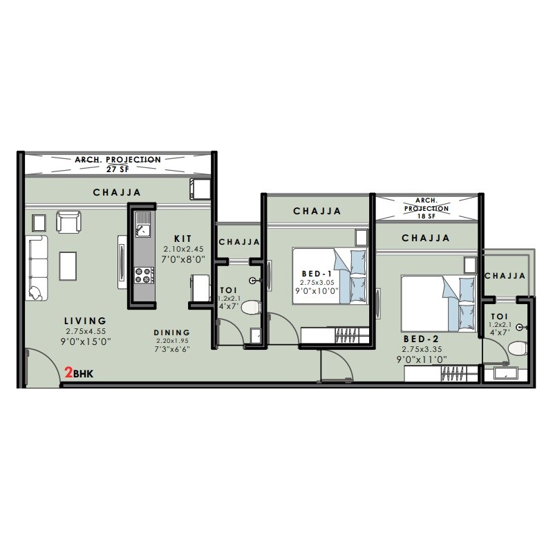 Floor plan of 2 BHK 626 Sq. Ft. Apartment in Bhaveshwar Phoenix, Navi Mumbai