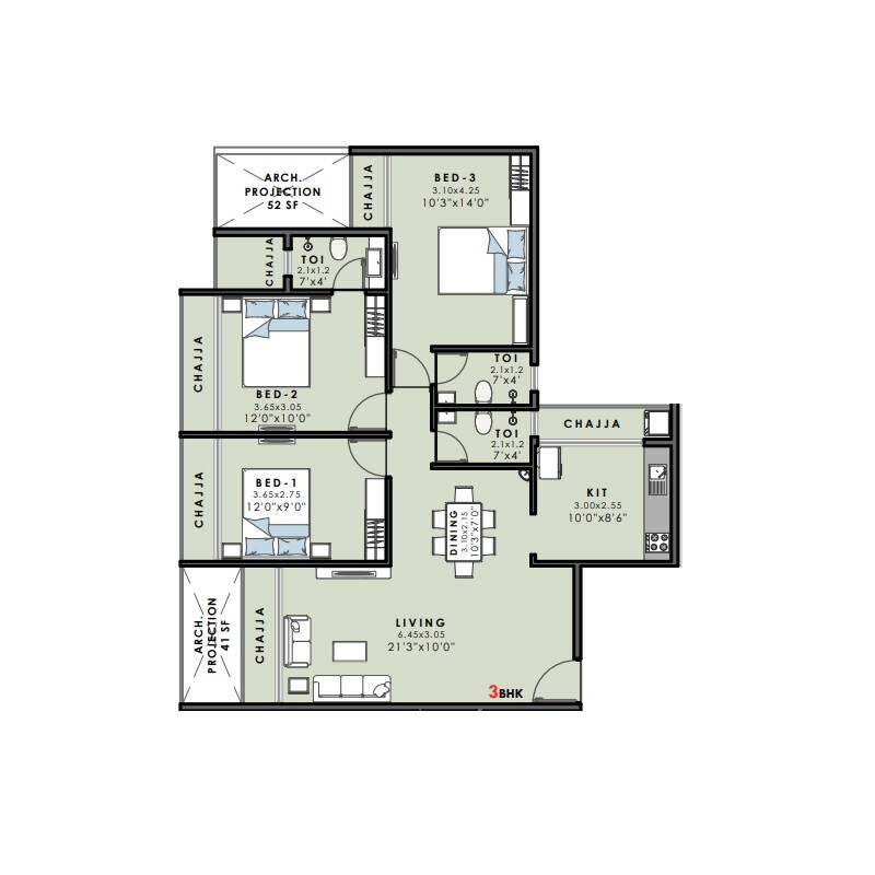 3 BHK 791 Sq. Ft. Apartment