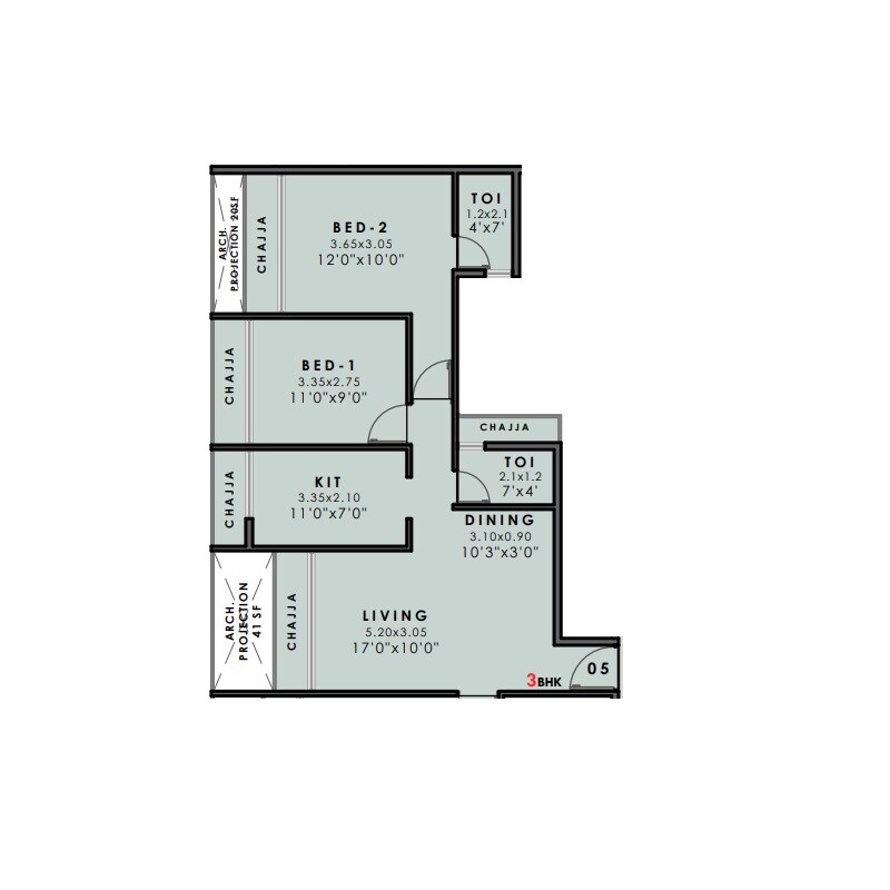Floor plan of 3 BHK 875 Sq. Ft. Apartment in Bhaveshwar Phoenix, Navi Mumbai