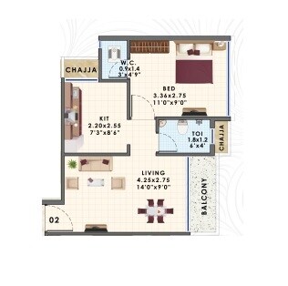 Floor plan of 1 BHK 306 Sq. Ft. Apartment in Bhaveshwar Rudra, Navi Mumbai