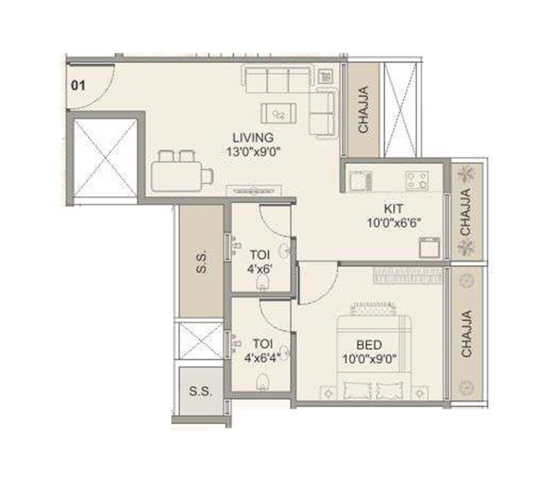 Floor plan of 1 BHK 341 Sq. Ft. Apartment in Bhaveshwar Valencia, Navi Mumbai