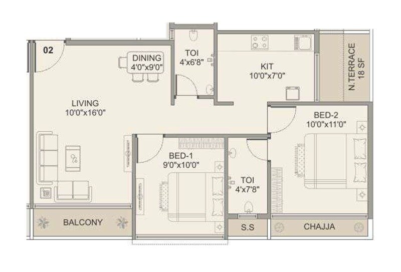 Floor plan of 2 BHK 482 Sq. Ft. Apartment in Bhaveshwar Valencia, Navi Mumbai