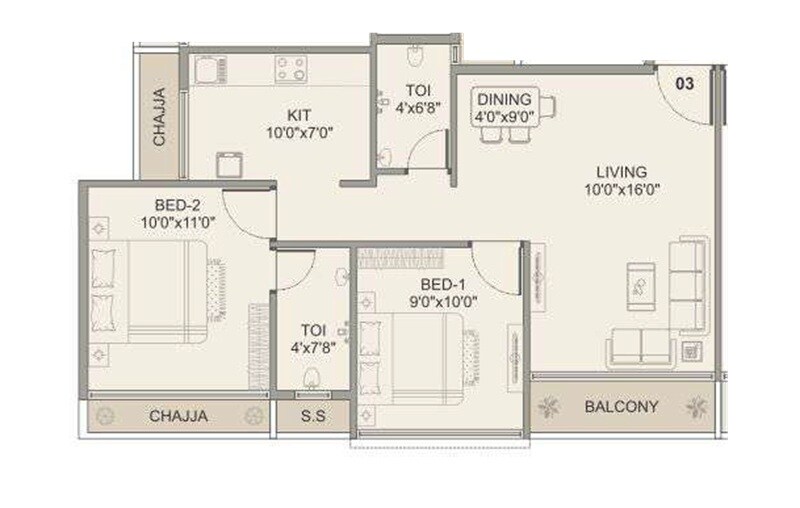 Floor plan of 2 BHK 549 Sq. Ft. Apartment in Bhaveshwar Valencia, Navi Mumbai
