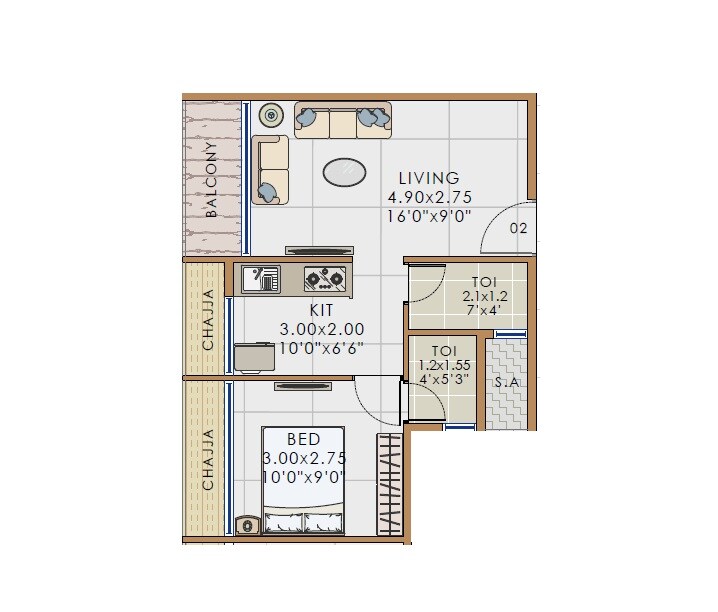 Floor plan of 1 BHK 360 Sq. Ft. Apartment in Bhaveshwar Vista, Navi Mumbai