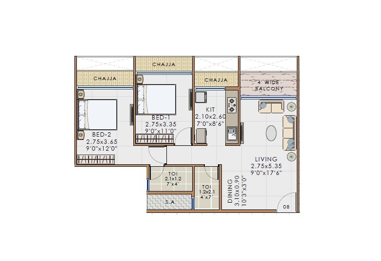 Floor plan of 2 BHK 548 Sq. Ft. Apartment in Bhaveshwar Vista, Navi Mumbai