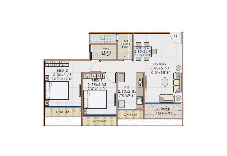 Floor plan of 2 BHK 617 Sq. Ft. Apartment in Bhaveshwar Vista, Navi Mumbai