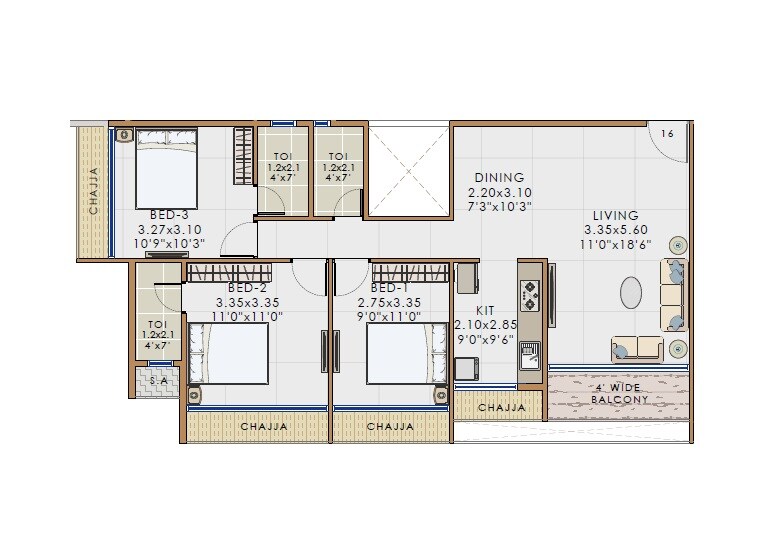 Floor plan of 3 BHK 827 Sq. Ft. Apartment in Bhaveshwar Vista, Navi Mumbai