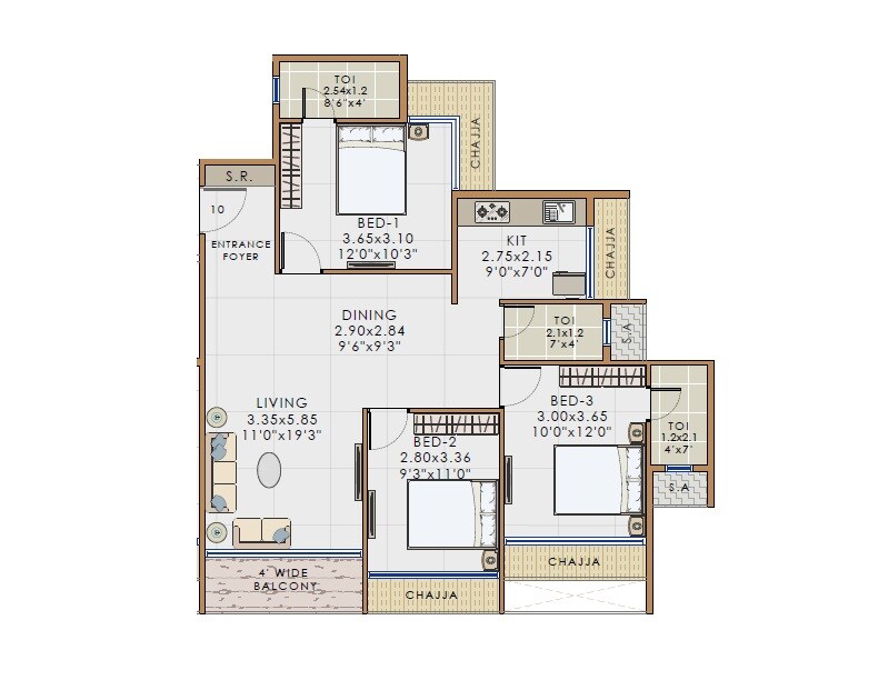 Floor plan of 3 BHK 853 Sq. Ft. Apartment in Bhaveshwar Vista, Navi Mumbai