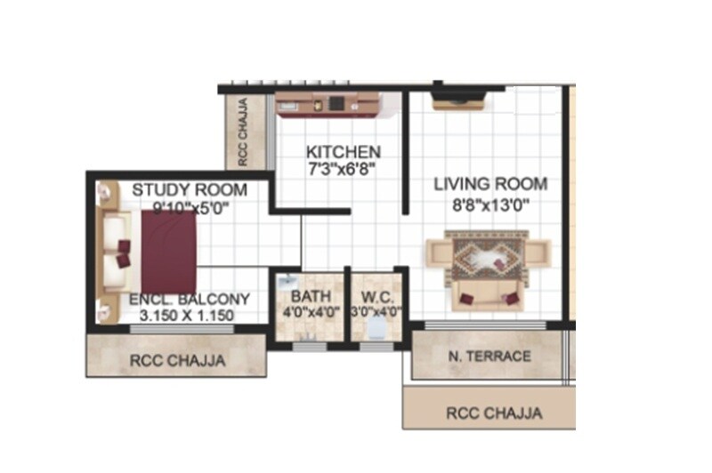 Floor plan of 1 BHK 234 Sq. Ft. Apartment in Bhikhi Shivam, Navi Mumbai