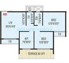 Floor plan of 2 BHK 1070 Sq. Ft. Apartment in Bhoomi Homes Nakshtra, Navi Mumbai