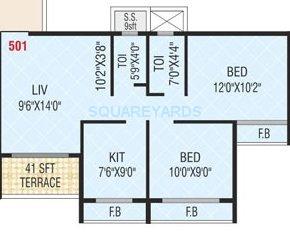 Floor plan of 2 BHK 970 Sq. Ft. Apartment in Bhoomi Homes Nakshtra, Navi Mumbai