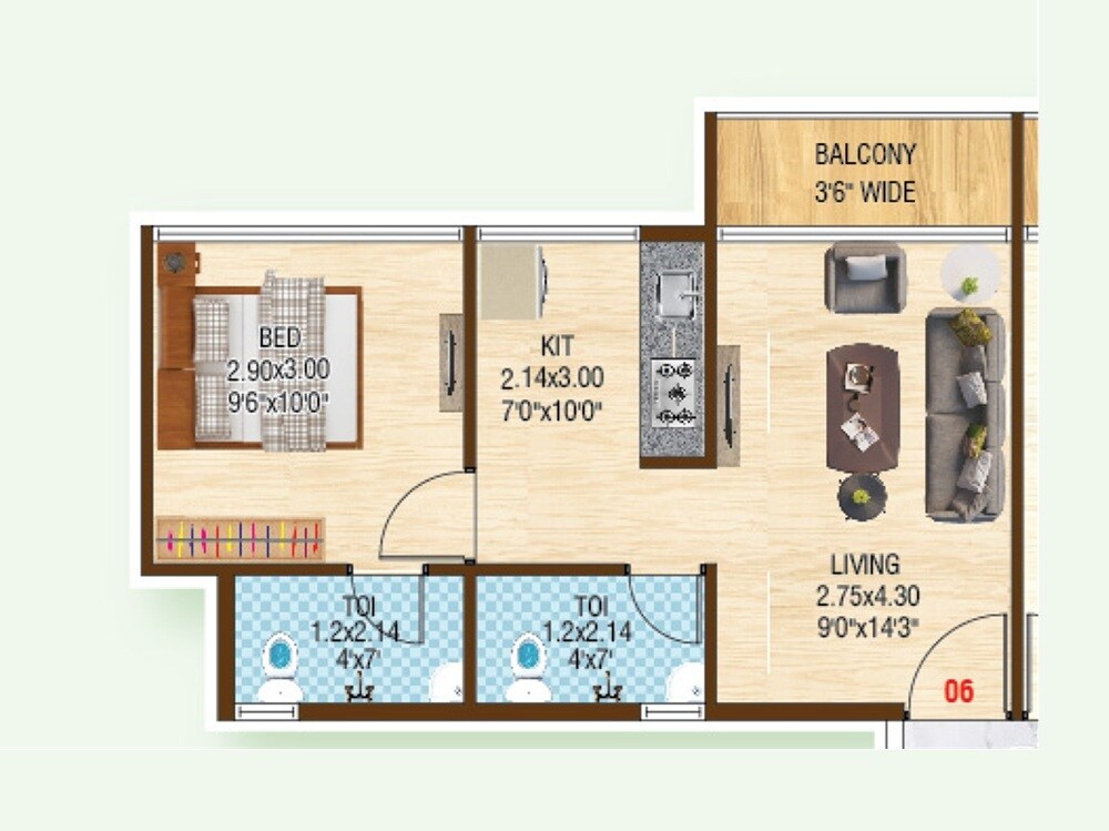 Floor plan of 1 BHK 339 Sq. Ft. Apartment in Bhoomi Kalash Greens, Navi Mumbai