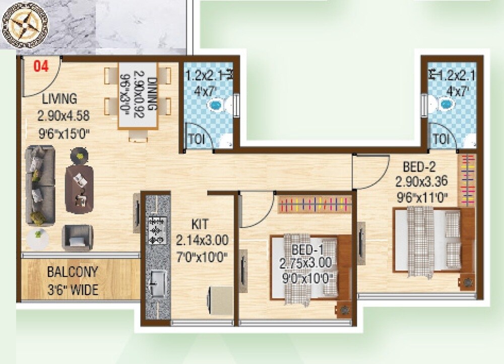 Floor plan of 2 BHK 551 Sq. Ft. Apartment in Bhoomi Kalash Greens, Navi Mumbai