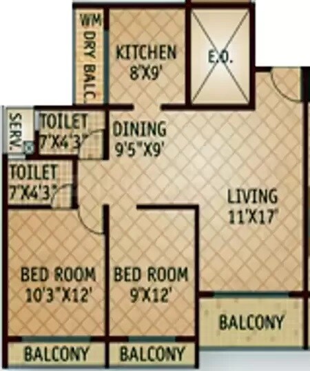 Floor plan of 2 BHK 1225 Sq. Ft. Apartment in Bhoomi Pinnacle, Navi Mumbai