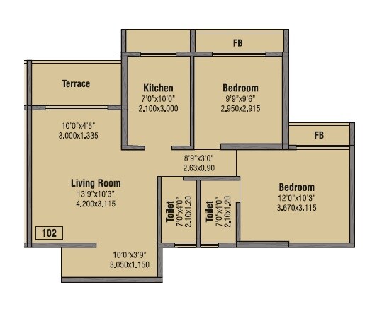 Floor plan of 2 BHK 698 Sq. Ft. Apartment in Bhumiraj Hills, Navi Mumbai