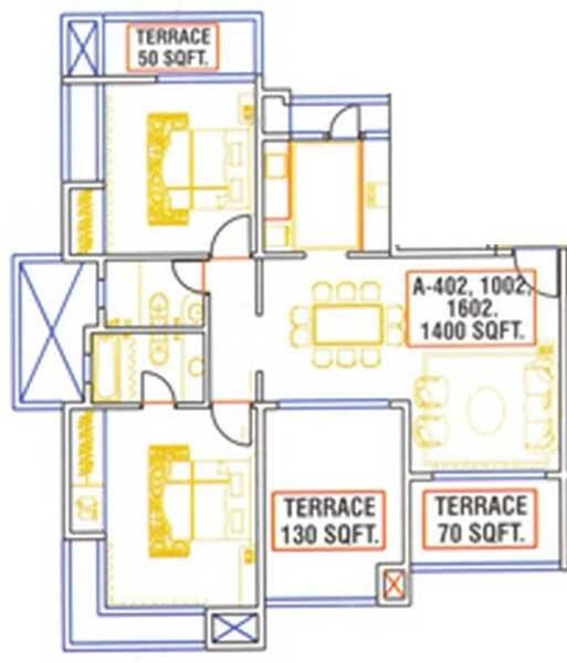 Floor plan of 2 BHK 1400 Sq. Ft. Apartment in Bhumiraj Iraisaa, Navi Mumbai