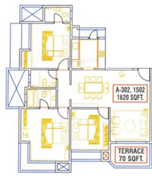 Floor plan of 3 BHK 1620 Sq. Ft. Apartment in Bhumiraj Iraisaa, Navi Mumbai