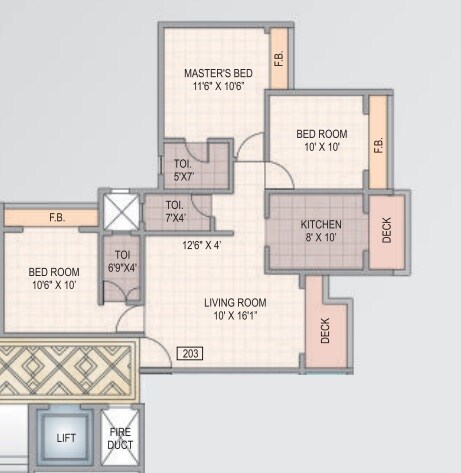 Floor plan of 3 BHK 1400 Sq. Ft. Apartment in Bks Galaxy Nebula, Navi Mumbai