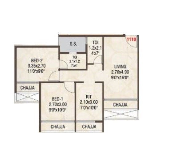 Floor plan of 2 BHK 449 Sq. Ft. Apartment in Bluescape Calista, Navi Mumbai