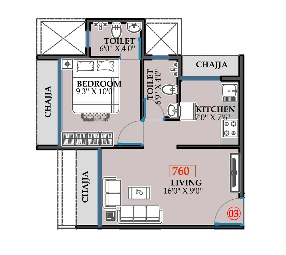 Floor plan of 1 BHK 366 Sq. Ft. Apartment in BN Kavya Hills, Navi Mumbai