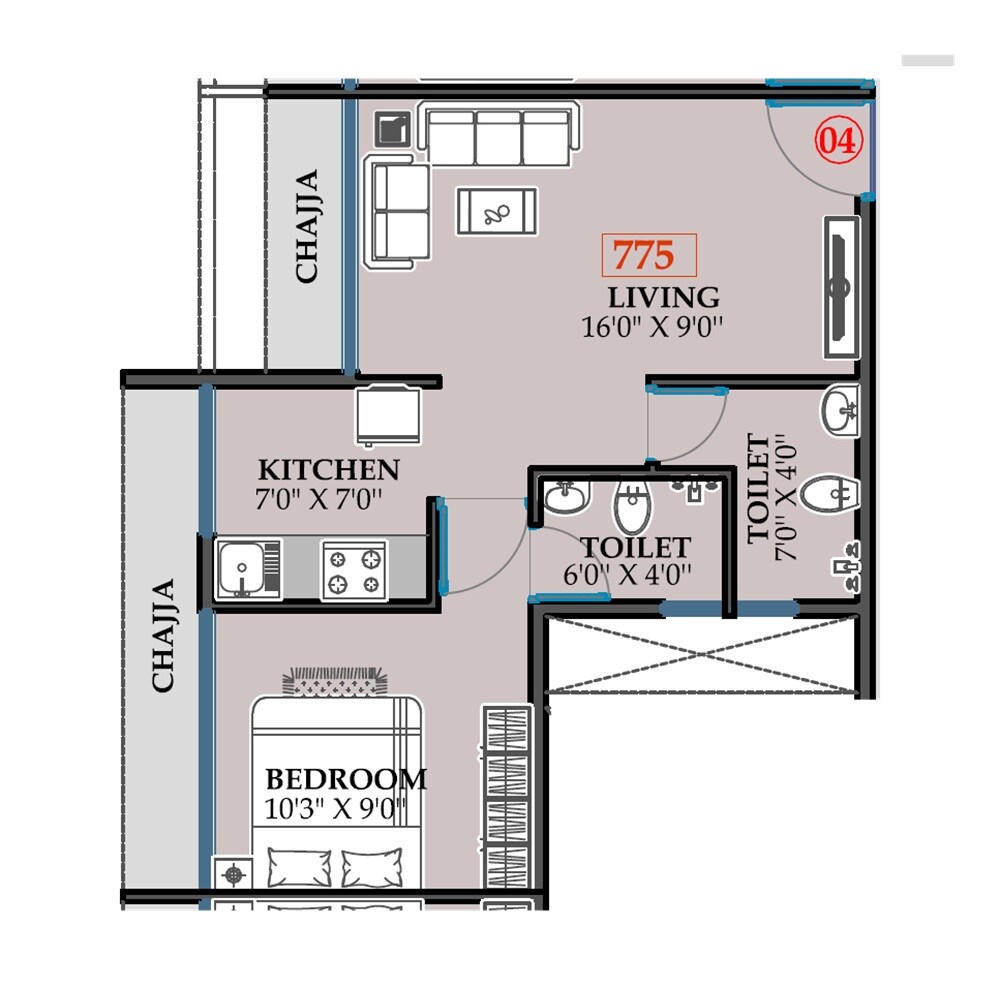 Floor plan of 1 BHK 460 Sq. Ft. Apartment in BN Kavya Hills, Navi Mumbai
