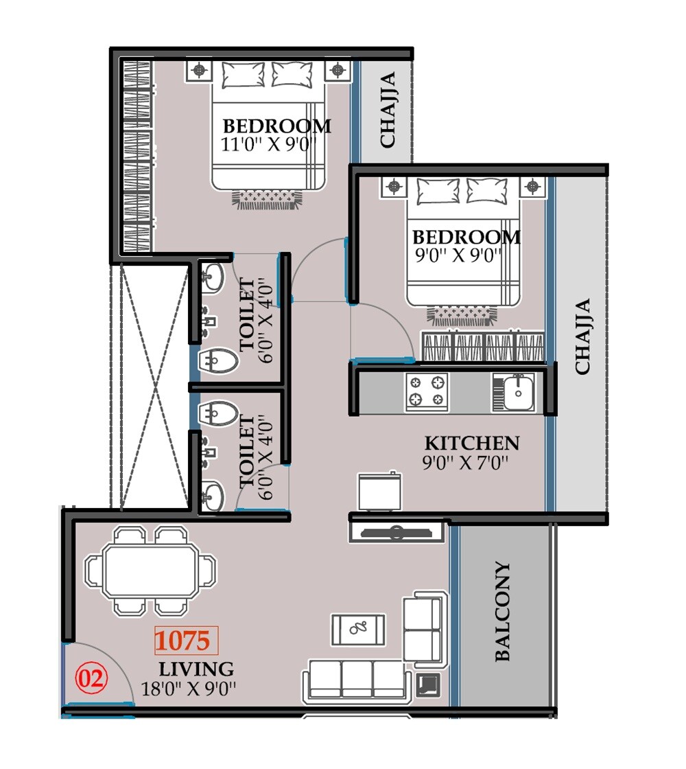 Floor plan of 2 BHK 513 Sq. Ft. Apartment in BN Kavya Hills, Navi Mumbai