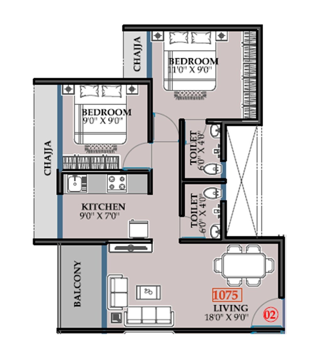 Floor plan of 2 BHK 605 Sq. Ft. Apartment in BN Kavya Hills, Navi Mumbai