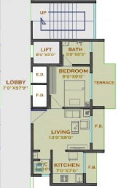 Floor plan of 1 BHK 296 Sq. Ft. Apartment in Bombay Castle, Navi Mumbai