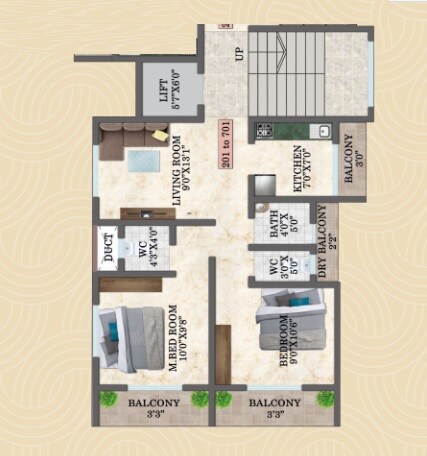 Floor plan of 2 BHK 395 Sq. Ft. Apartment in Bramha Kailash Complex, Navi Mumbai