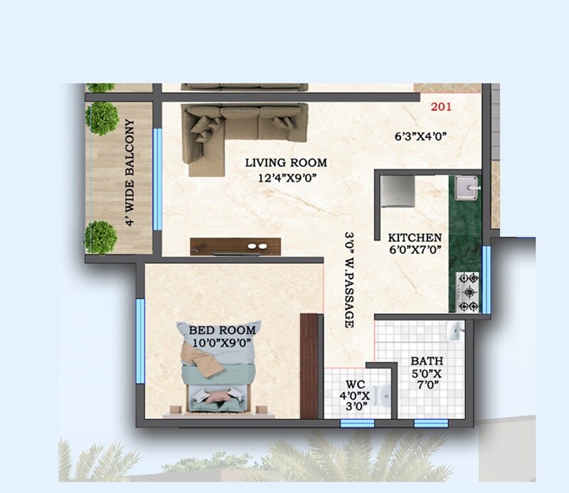 Floor plan of 1 BHK 333 Sq. Ft. Apartment in BRS Shree Sai Towers, Navi Mumbai